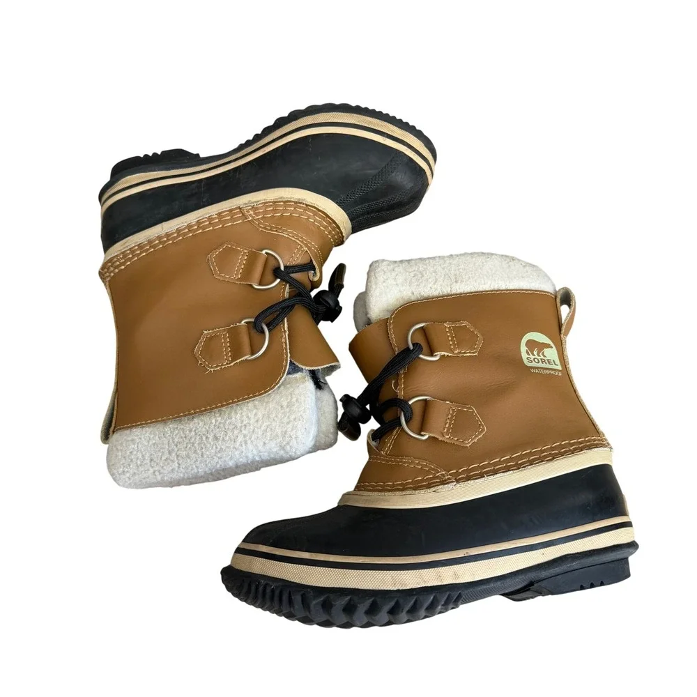 Sorel Yoot Pac Nylon Waterproof Snow Boots Tan Black Kid Sz 13‎ Winter Excellent